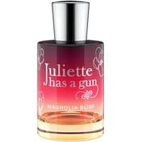 Unisex floral perfume bottle, gradient pink to orange, silver cap, "Juliette has a Gun" text, 50 ml size.