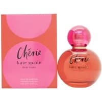 Kate Spade Cherie Eau De Parfum 100ml, round pink bottle with pink cap, next to matching pink and orange box.