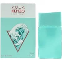 Aqua Kenzo Pour Femme Eau De Toilette 30ml, turquoise bottle with wavy cap, next to matching box with wave design.
