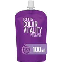 Purple KMS Color Vitality Intense Gloss Treatment pouch, 100ml, with white cap and pomegranate graphic.
