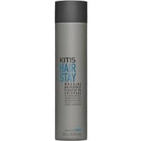 Gray KMS Hairstay Working Hairspray 300ml can with black cap and blue text detailing.