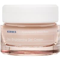 Korres Wild Rose Day-Brightening Gel-Cream in a clear jar with a white lid, featuring elegant white text.