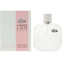 Lacoste L.12.12 Rose Eau Fraiche 100ml bottle with pink cap and box featuring Lacoste logo and pink stripe.