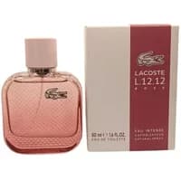 Pink Lacoste L.12.12 Rose Eau Intense Eau De Toilette bottle with textured design and matching box.