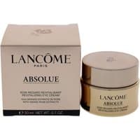Gold jar of Lancôme Absolue Revitalizing Eye Cream, 20ml, with matching beige box featuring black text.