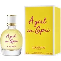 Lanvin A Girl In Capri Eau De Toilette 90ml, round glass bottle with yellow liquid, white cap, yellow box with red text.