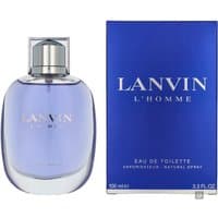 Lanvin L'Homme Eau de Toilette 100ml, clear oval bottle with silver cap, blue box packaging.