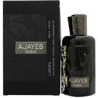 Lattafa Ajayeb Dubai Eau De Parfum 100ml, black bottle with gold accents, matching black box with bold white text.