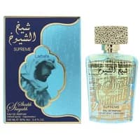 Lattafa Sheikh Al Shuyukh Supreme Eau De Parfum 100ml with ornate gold cap and blue box featuring Arabic script.