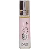 Clear glass bottle of Lattafa Yara Eau De Parfum 10ml with silver cap and pink label featuring Arabic script.