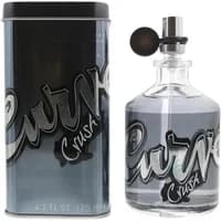 Clear glass bottle of Liz Claiborne Curve Crush Cologne with black spray nozzle, next to a matching black tin box.