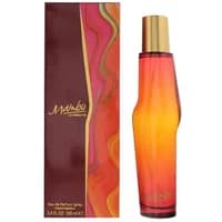 Mambo Eau De Parfum by Liz Claiborne, 100ml, in a tall, curved orange-red bottle with a gold cap, matching box.