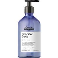 Blue pump bottle of L'Oréal Professionnel Blondifier Gloss Shampoo, 500ml, with white label and black text.