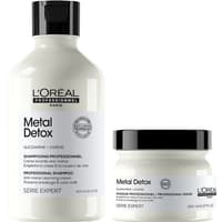 L'Oréal Professionnel Metal Detox shampoo and hair mask in white bottles with black caps and labels.