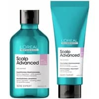 Teal L'Oréal shampoo bottle and matching hair treatment tube with black caps, labeled "Scalp Advanced."