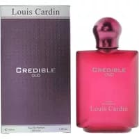 Pink Louis Cardin Credible Oud Eau De Parfum bottle with a round cap, next to a matching purple box.