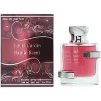 Louis Cardin Exotic Scent Eau De Parfum 100ml, pink liquid in square glass bottle with silver cap and decorative box.