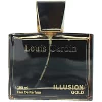 Louis Cardin Illusion Gold Eau De Parfum 100ml in a sleek black rectangular bottle with gold accents and square cap.
