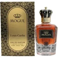 Louis Cardin Mogul Eau De Parfum 100ml, ornate gold and black box, crown-topped clear bottle with amber liquid.