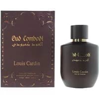 Louis Cardin Oud Cambodi Eau De Parfum 100ml, dark brown bottle with gold text, matching ornate box.