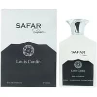 Louis Cardin Safar Silver Eau De Parfum 100ml with black and silver box, elegant white bottle, silver cap.