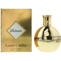 Gold round Louis Cardin Subsense Eau De Parfum bottle with matching gold box and elegant black text.