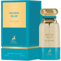 Maison Alhambra Pacific Blue perfume, gold bottle with ornate cap, turquoise and gold box, 80ml.