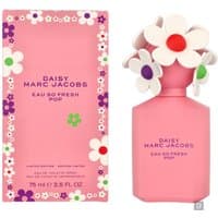 Pink Marc Jacobs perfume bottle with floral cap, next to matching pink box with colorful flower designs.