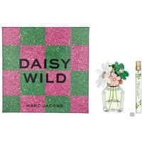Marc Jacobs Daisy Gift Set with pink and green checkered box, floral perfume bottle, and travel spray.