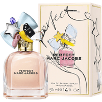 Marc Jacobs Perfect Eau de Parfum 50 ml, clear bottle with colorful cap, next to illustrated box.