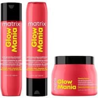 Matrix Glow Mania Duo, red shampoo bottle 300ml, red conditioner jar 30ml, bold yellow text.