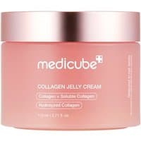 Pink Medicube Collagen Jelly Cream jar with rose gold lid and white text, 110ml capacity.