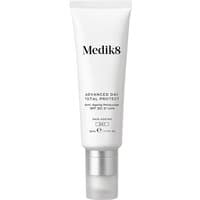 White Medik8 Advanced Day Total Protect tube with silver cap, black text, 50ml size.