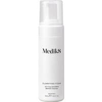 White bottle of Medik8 Clarifying Foam, 150ml, with black text and a clear pump dispenser.