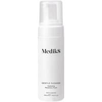 White Medik8 Gentle Cleanse 150ml bottle with pump dispenser, black text, sleek design.