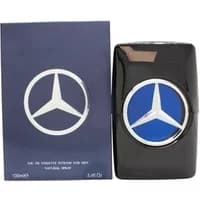Black Mercedes-Benz Man Intense Eau De Toilette bottle with blue emblem, next to matching blue and black box, 100ml.