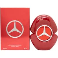Red Mercedes-Benz Woman In Red Eau De Parfum 90ml bottle with silver logo, matching red box with silver emblem.