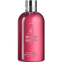 Pink Molton Brown bath and shower gel bottle with silver cap, labeled "Fiery Pink Pepper" and 300 ml capacity.