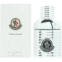 Moncler Pour Homme Eau De Parfum 7.5ml, silver ribbed bottle with black logo, white box with logo and text.