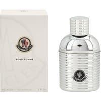 Silver ribbed Moncler Pour Homme Eau de Parfum Spray 60ml bottle with matching cap, next to branded box.