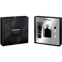 Mont Blanc Legend Gift Set with black EDT bottle, black shower gel tube, and small spray in sleek black packaging.