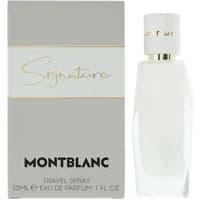 Montblanc Signature Eau De Parfum 30ml bottle, white with gold accents, next to matching box with gold lettering.