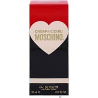 Red and black Moschino Cheap & Chic Eau de Toilette box with white heart design, 30ml size.