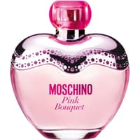 Pink heart-shaped Moschino Pink Bouquet Eau de Toilette bottle with silver accents and pink cap.