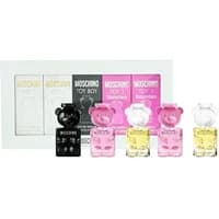 Moschino Toy Miniature Gift Set with five 5ml bear-shaped bottles in black, pink, and clear designs.