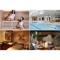 Spa day package with Elemis treatments, indoor pool, sauna, massage room, and dining setup with candles and drinks.