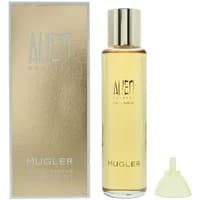 Mugler Alien Goddess Eau De Parfum 100ml refill, gold cylindrical bottle with silver cap, next to matching box.