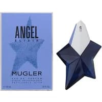 Blue star-shaped Mugler Angel Elixir Eau De Parfum bottle with silver cap, next to matching blue box.