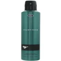 Green Mustang body spray can, 130g, with black cap and white logo featuring a running horse.