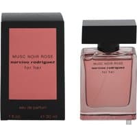 Pink Narciso Rodriguez Musc Noir Rose perfume bottle with black cap, next to matching black and pink box.